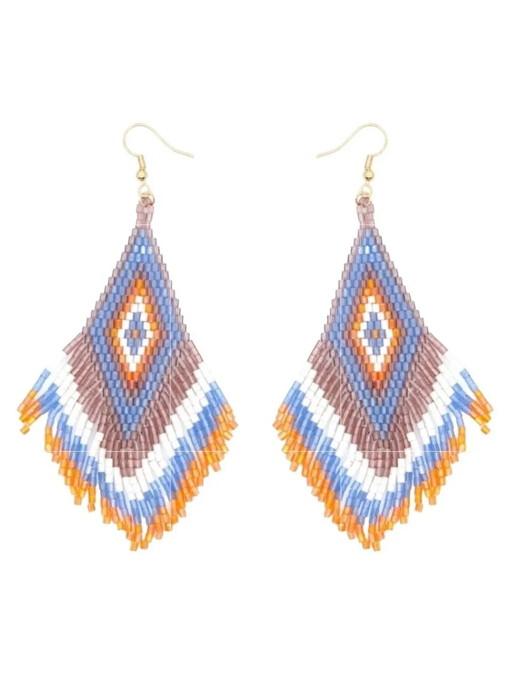 Beaded Earrings Blue Yellow/Gold & White Miyuki Rice Beads